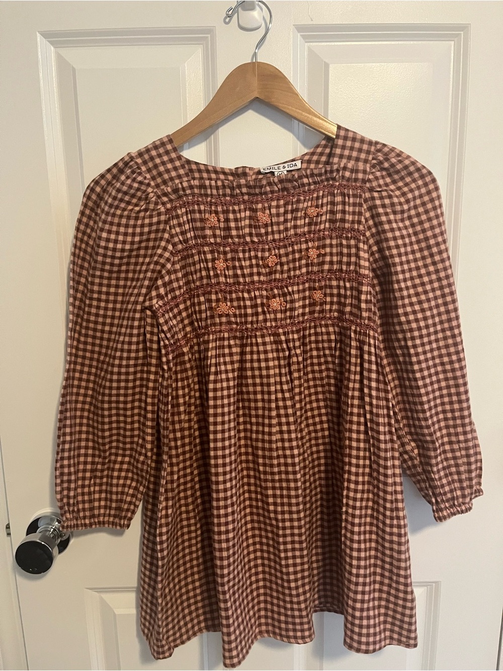 Emile & Ida Powder Smocked Gingham Long-Sleeve Kids Dress - Brown Check